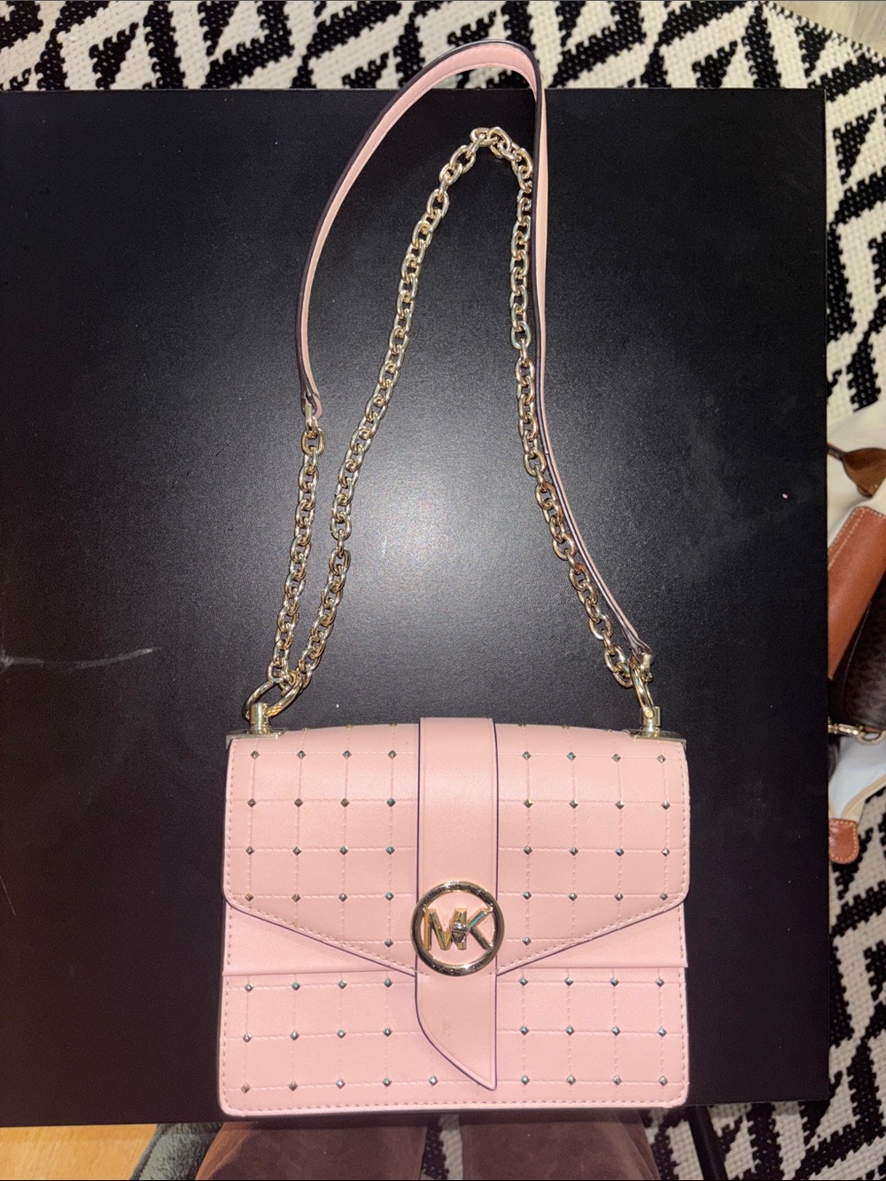 Michael Kors Pink Studded Quilted Crossbody with Gold MK Emblem